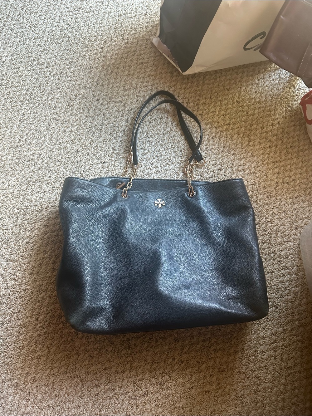 Tory Burch Black Pebbled Leather Double-Handle Tote